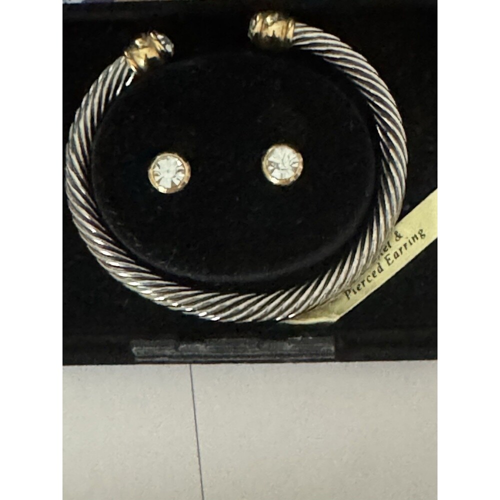 Silver & Gold Tone Designer Inspired Cuff Bracelet and Stud Earrings Set